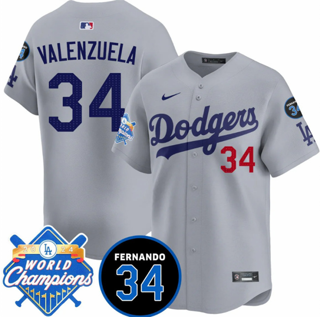 Men's Los Angeles Dodgers #34 Fernando Valenzuela Grey 2024 World Champions & Fernando Memorial Patch Vapor Premier Limited Stitched Baseball Jersey Men's Los Angeles Dodgers #34 Fernando Valenzuela Grey 2024 World Champions & Fernando Memorial Patch Vapor Premier Limited Stitched Baseball Jersey